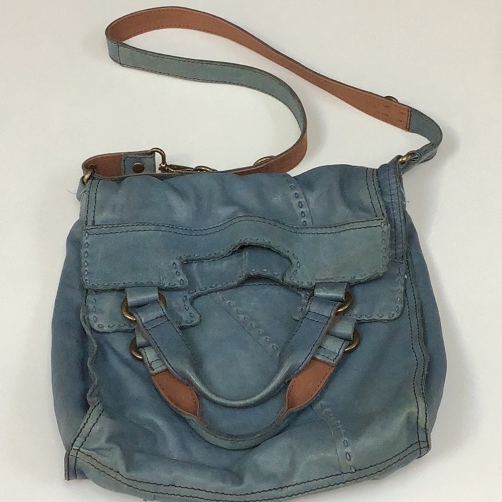 Lucky Brand Blue Leather Crossbody Bag with Tan Accents